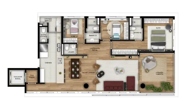 3 dormitórios c/ suíte, 145m²