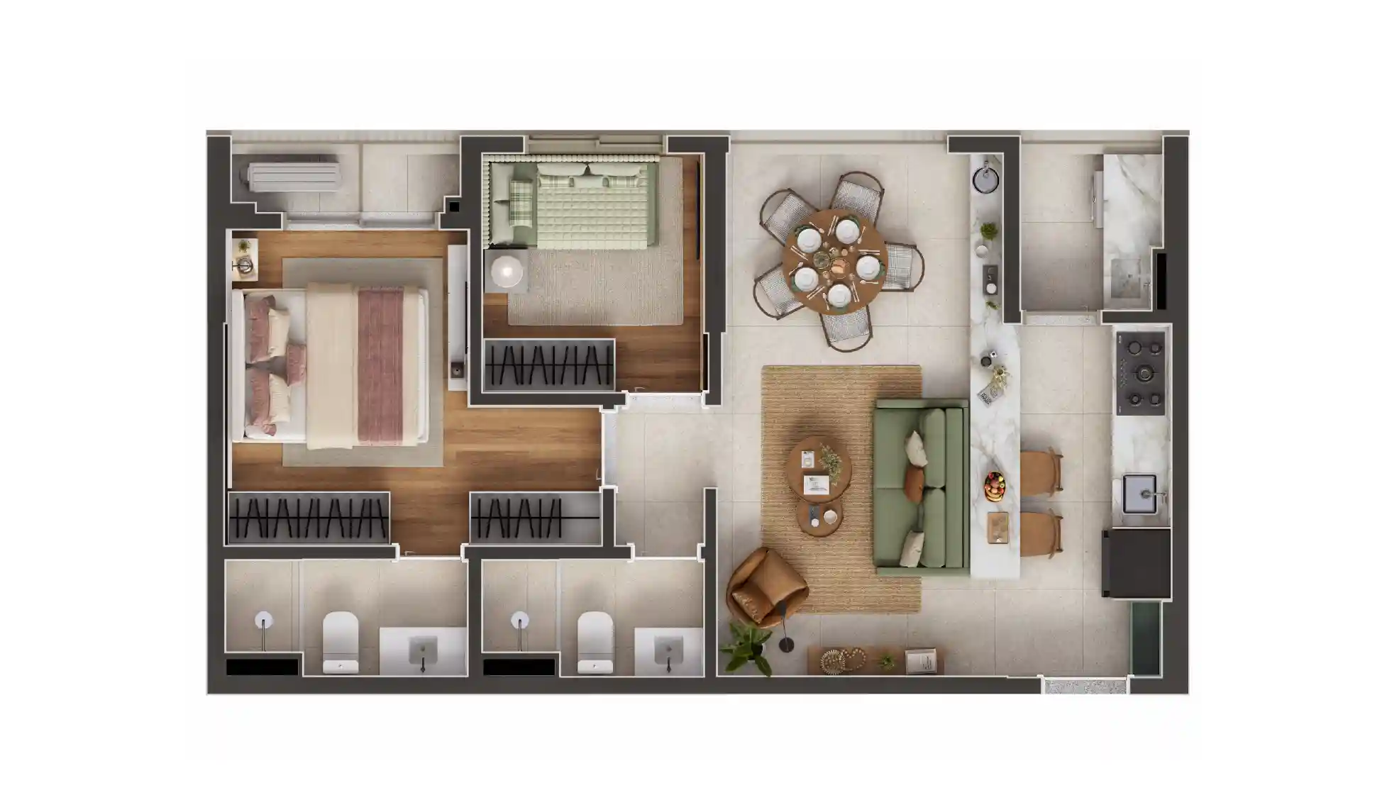 56m², 2 dorms. e sala ampliada